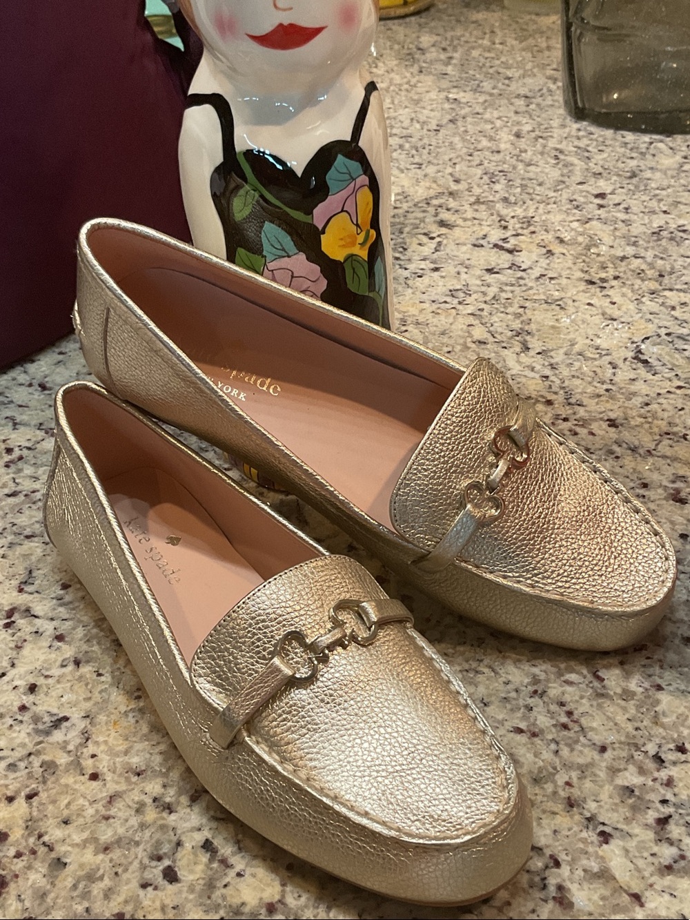 kate spade metallic gold leather loafers with horsebit detail